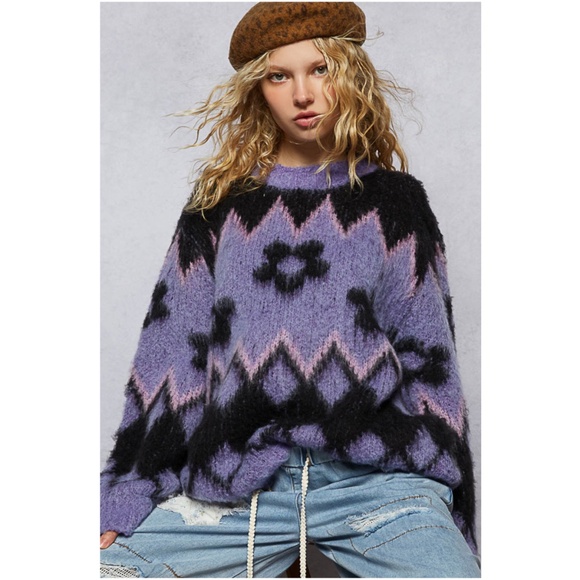 POL Purple Fuzzy Round Neck Floral Print Loose Fit Sweater top - Picture 6 of 7